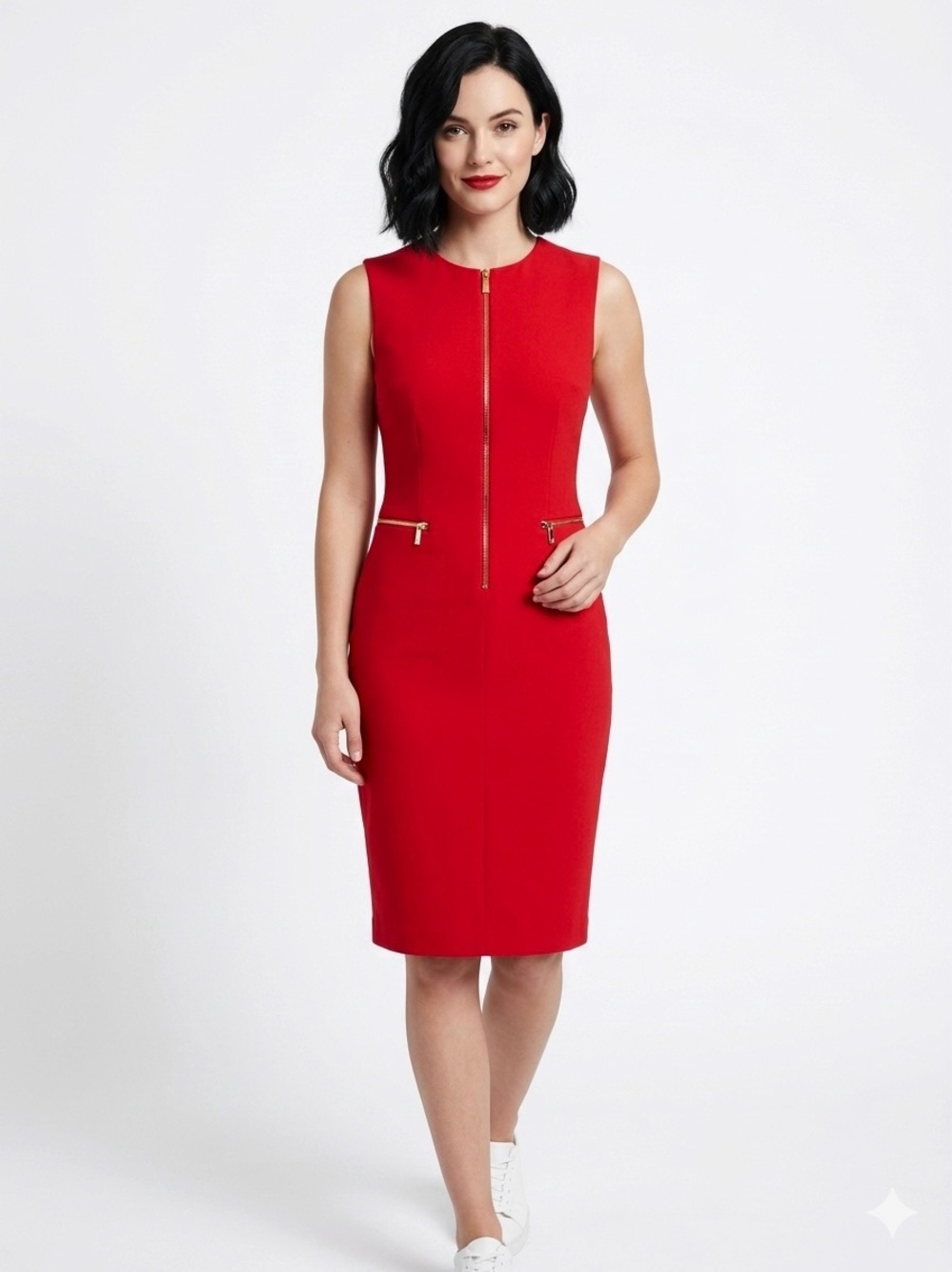 $139 Calvin Klein Gold Sparkling Zippers Feminine Midi Dress Size 2P Women’s